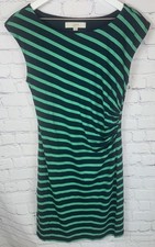 ANN TAYLOR LOFT Women’s Medium Green Blue Striped Dress Side Pleated EUC