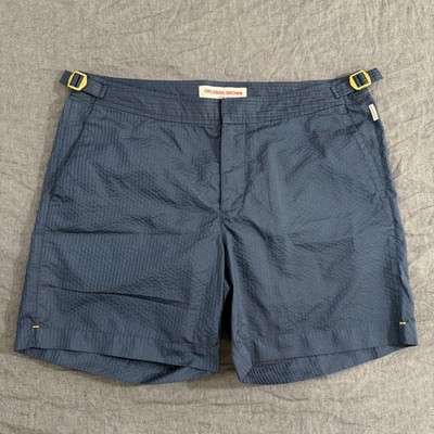 Orlebar Brown Swim Shorts 32 Navy Bulldog Tonal Seersucker Adjustable Side Tabs