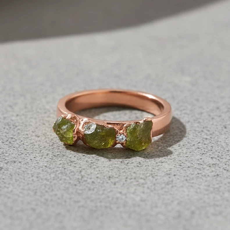 Yellow Gold Raw Peridot Rings Three Stone Rough Ring Natural Raw Crystal Jewelry - Image 3 of 4