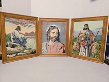 3 MCM JESUS Paint-By-Number Paintings w/Greek Key Pattern Wooden Frames 14 x18 "