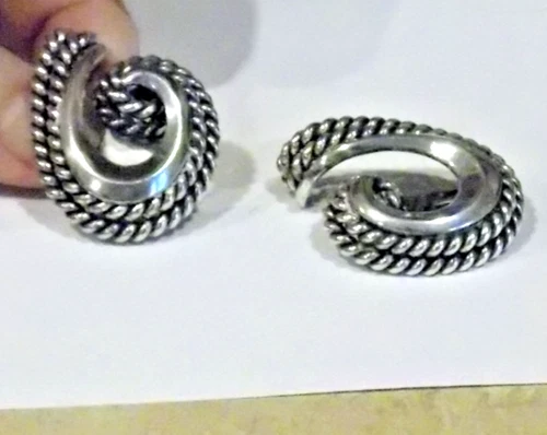 Vintage Napier Swirl Rope Detail Silvertone Clip Earrings Costume Jewelry