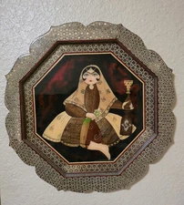 Vintage Persian Khatam Inlaid Wooden Marquetry Picture Large 18 Inch Diameter