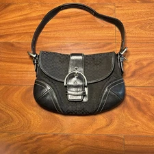 Vintage Y2K Coach 6818 Soho Hobo Signature Buckle Flap Bag Black Canvas Leather