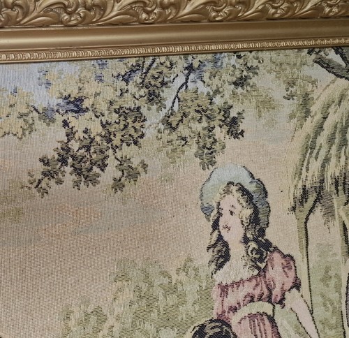 Large Vintage Woven Tapestry Panel, Children Playing in Garden, Gilt Frame (photo 6)