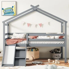 Twin Low Loft House Bed w/Slide,Ladder,Safety Guardrails,House Roof Frame,Grey