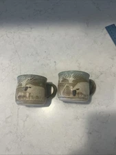Set Of 2 Hand Painted Studio Art Pottery Cappuccino Cup Mug - Glazed - Sheep