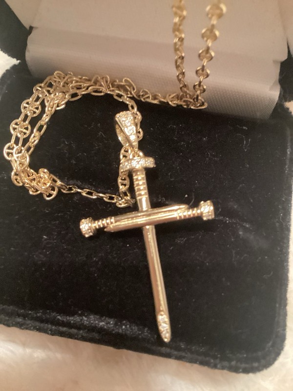 Moissanite Nail Cross Necklace~Gold Over Silver 925~With 18 In 925 G Chain