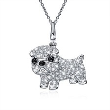 18K WHITE GOLD GP MADE WITH SWAROVSKI CZ BULL DOG PENDANT PUPPY NECKLACE