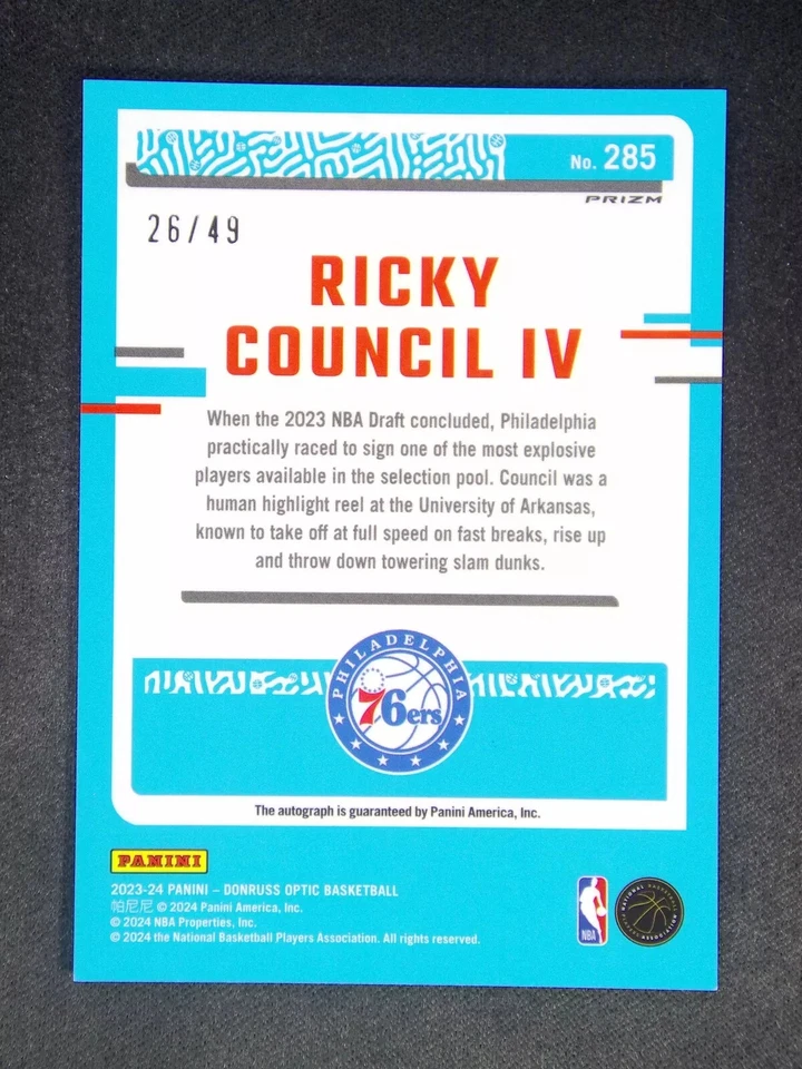 Ricky Council IV 2023-24 Panini Donruss Optic #285 Rated Rookie Auto Blue #26/49 - Image 2 of 2