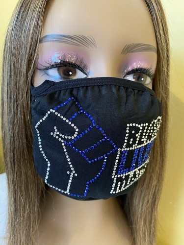 Black Lives Matter Bling Rhinestone Face Mask With Filter Washable Blue - Picture 5 of 8