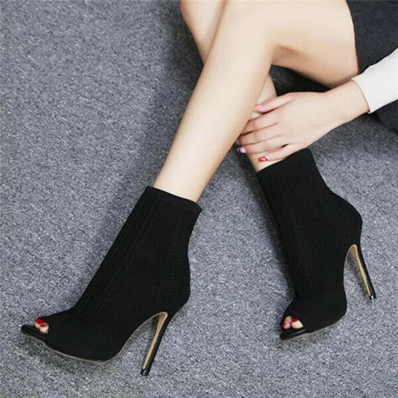 Ladies Peep Toe Stilettos Sandals Knit Sock Ankle Boots High Heels