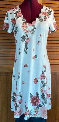 Noracora Womens Dress White Floral Short Sleeve Stretch Scallop Neck NWT  Small | eBay