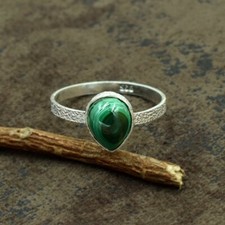 Green Malachite Pear Gemstone Ring 925 Sterling Silver Texture Ring Gift For Her