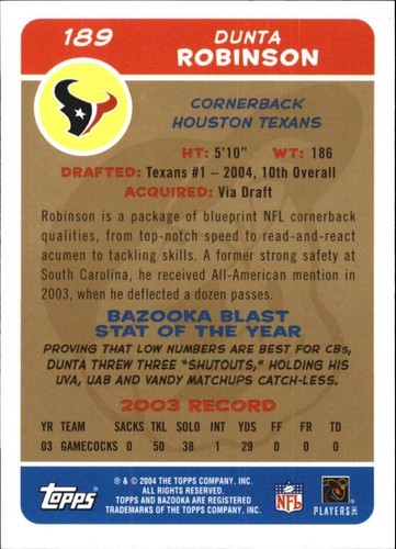 2004 Bazooka Gold DUNTA ROBINSON RC #189 HOUSTON TEXANS / GAMECOCKS 🏈 - Picture 2 of 2