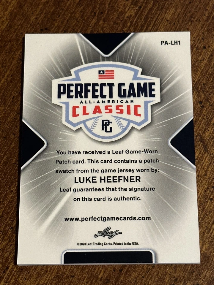 LUKE HEEFNER 2020 Leaf Perfect Game AUTOGRAPH GAME WORN JERSEY LOGO PATCH #3/5 - Image 3 of 3