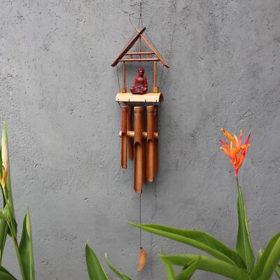 Brauner Buddha 6 Röhren Natur Bambus Windspiele - geschnitztes Holz Windspiel