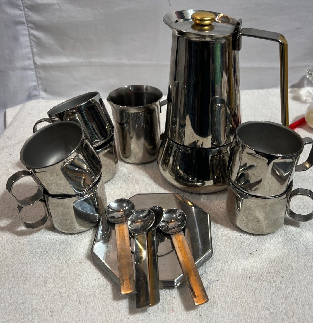 G2U Zepter Italy Stainless steel Coffeemaker Creamer 6 Espresso Cups Saucers Spo