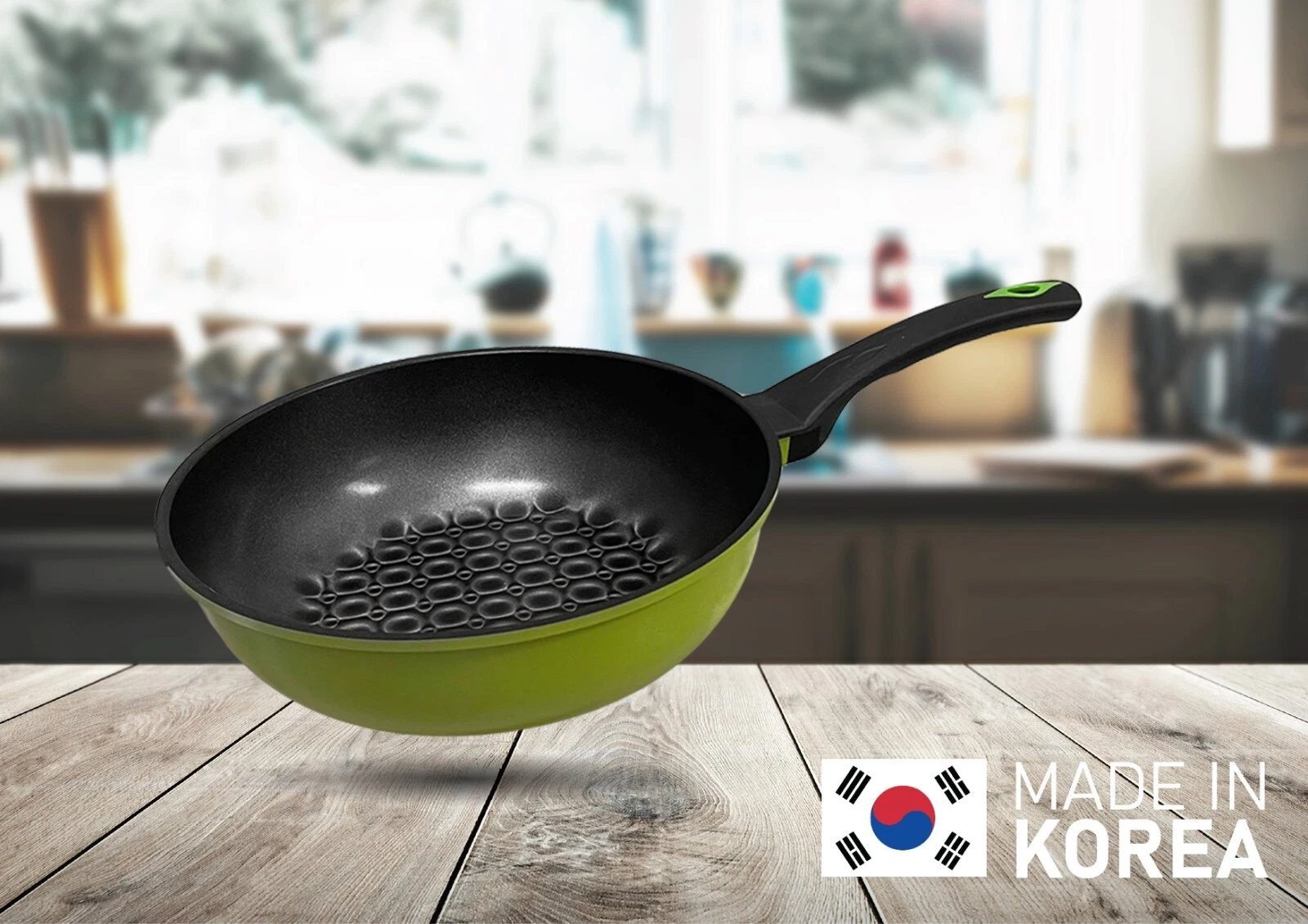 3D Green Bubble Diamond Coating Nonstick Wok 11" Cooking Pan Made in Korea