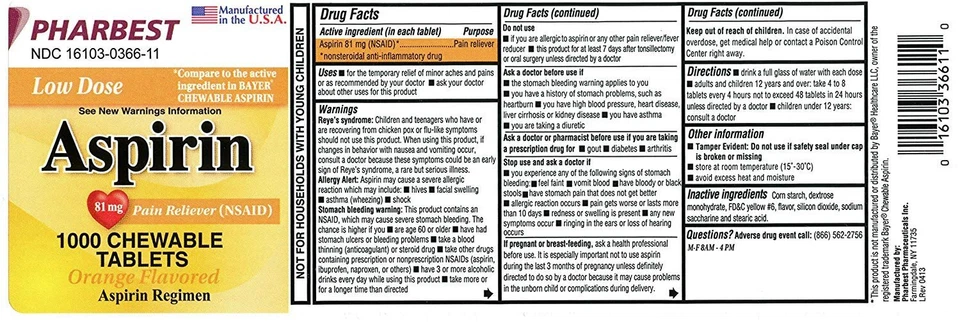 Pharbest Aspirin Pain Reliever Chewable Tablets Orange Flavor 81 mg 1,000 Count - Image 3 of 3