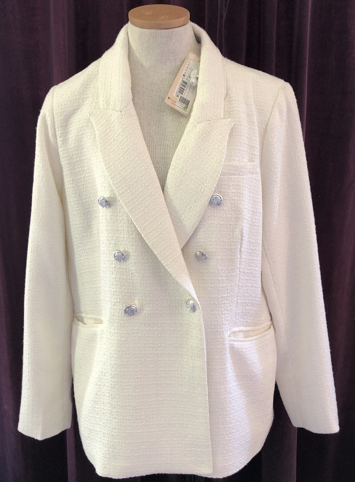 OFF WHITE Blazer Esqualo bianco sporco foderato bottoni argento taglia 16 nuovo con etichette prezzo al dettaglio consigliato $152 99