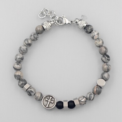 Men Gray Natural Map Stone Stainless Steel Chain Gemstone Bangle Bracelet 20291