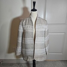 Chico's Tweed Open Front Blazer Cardigan Size 2 Sequin Beige Brown Gold White