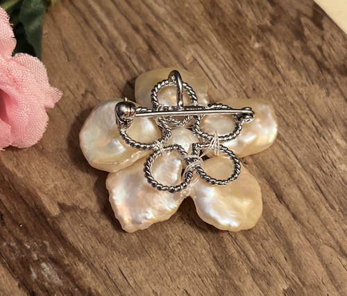 925 Sterling Keshi Freshwater Pearl Flower Brooch Pendant OGI Signed