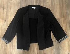 Women s Open Front Black Blazer Geometric Cuffs Size L Office Career