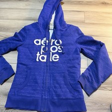 AEROPOSTALE Faux Fur Lined Zip Up Y2K Hoodie Jacket L Modern Fit as S Blue
