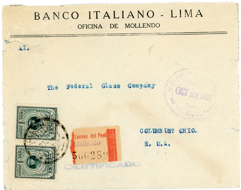 Peru Sc#C46(pair)-MOLLENDO-OCT/23/1937(purple oval)-REGISTERED(label)-NO CONTENT