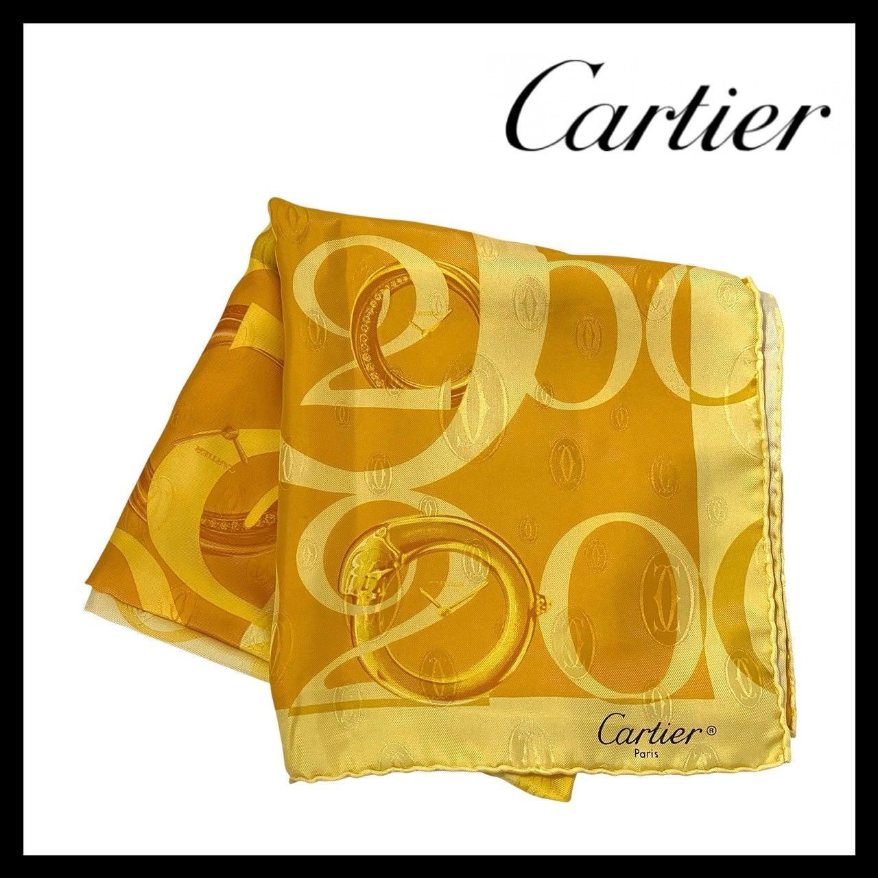 Cartier Clock Pattern Silk Square Scarf Yellow Or… - image 1