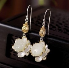 New Carved White Jade Earrings Silver Plated Lotus Ear Hooks Women's Jewelry