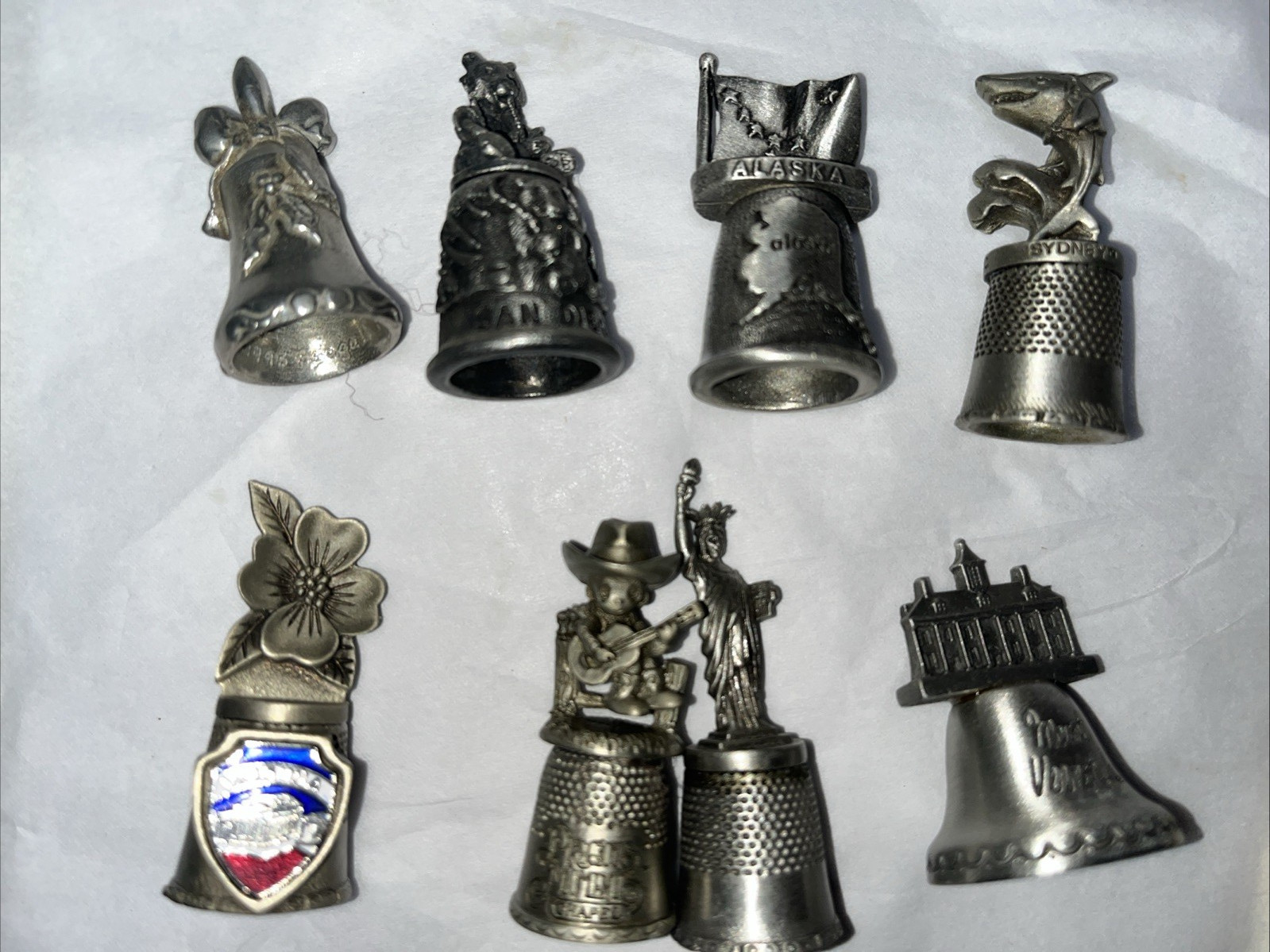 Pewter Thimble Vintage Lot 8 Thimbles Mt Vernon VA NY Souvenirs