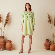 Boho Hippie Knee Length Dress Green Cotton Shift V-Neck Embroidered L