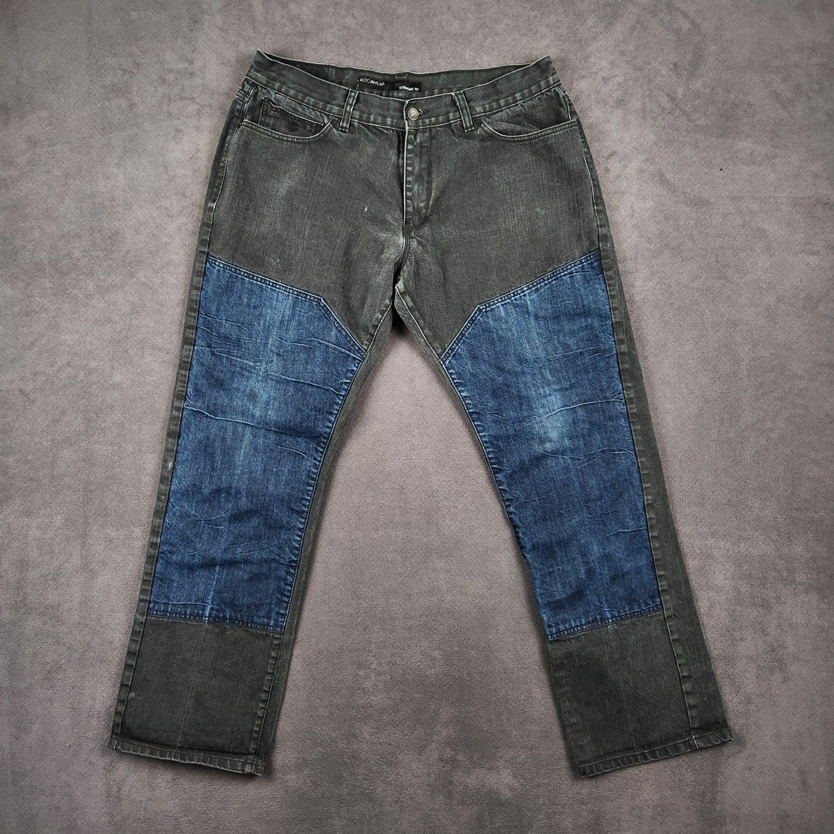 Rocawear Jeans Mens 37x32 Black Blue Two Tone Patched Denim