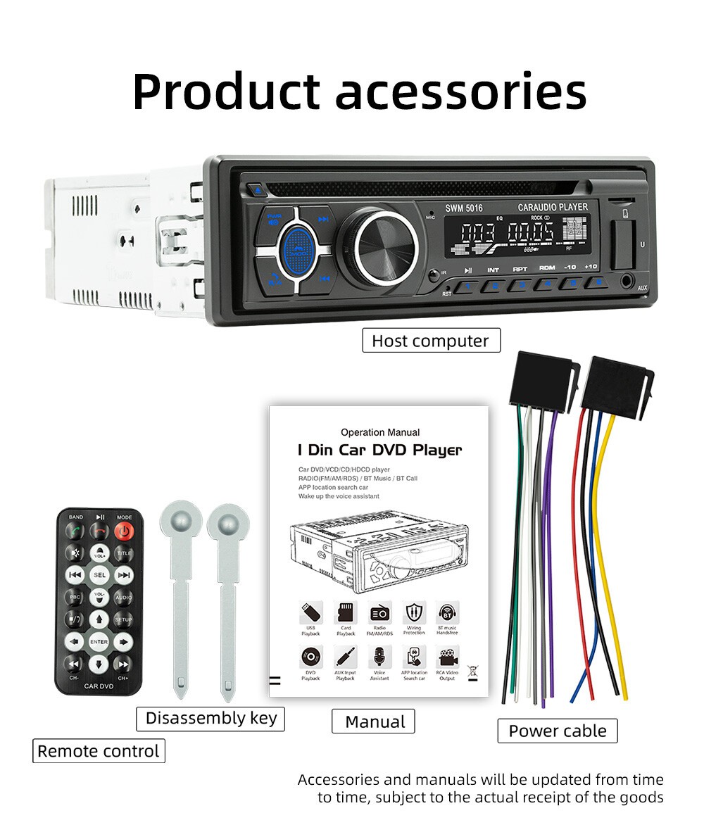 Single 1 Din Car Stereo Radio DVD CD Player FM/AM Bluetooth MP3 Player In-Dash