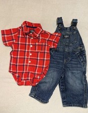 OshKosh B'gosh Baby Boy 2-Piece Set: Red Plaid Bodysuit  Denim Overalls - 6M