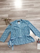 Alex Evenings Blue Floral Sequin Belted Tie Waist Lined Jacket XL 312195