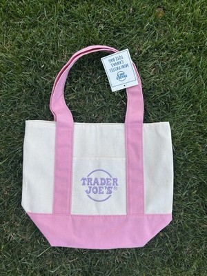 Trader Joe's Small Foldable Canvas Tote Bag Pink Beige Solid Mini Pastel