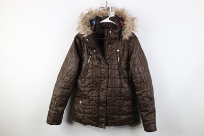 Vtg Y2K Ecko Womens Large Babydoll Faux Fur Trim Quilted Hooded Puffer Jacket