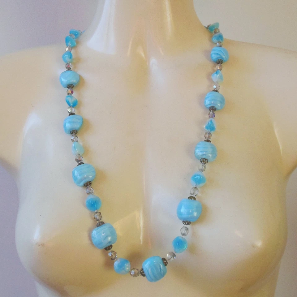 ANCIEN Collier Pate de VERRE Bleu NACRE - Antique Glass Necklace - Photo 2/4