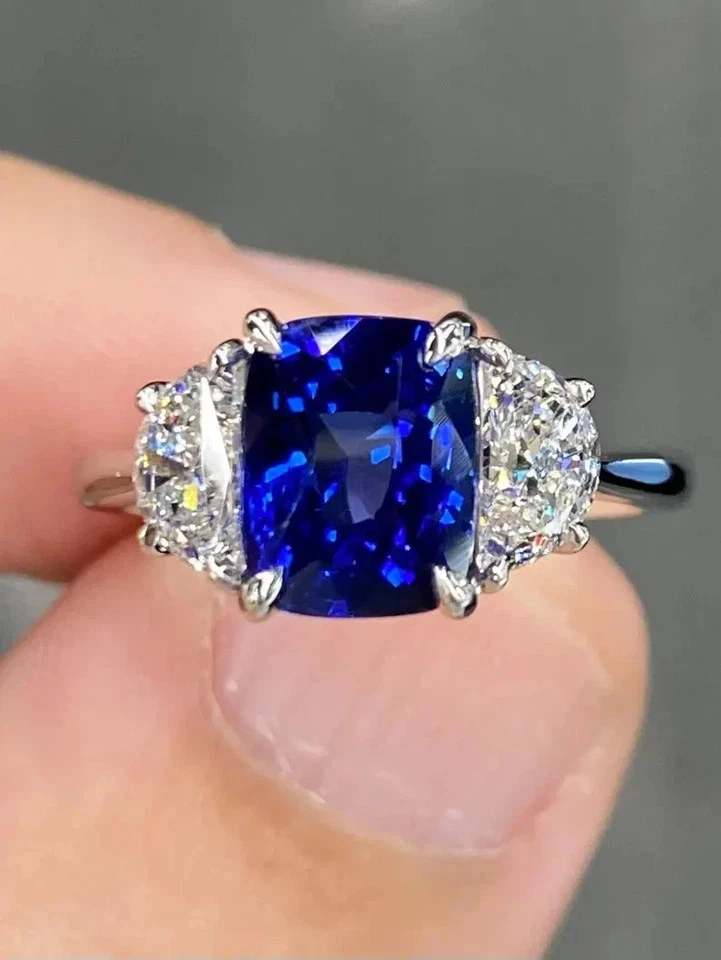 Anillo de boda de diamantes y tanzanita natural de 4,50 quilates anillo de platino sólido 950 Foto 3 de 4