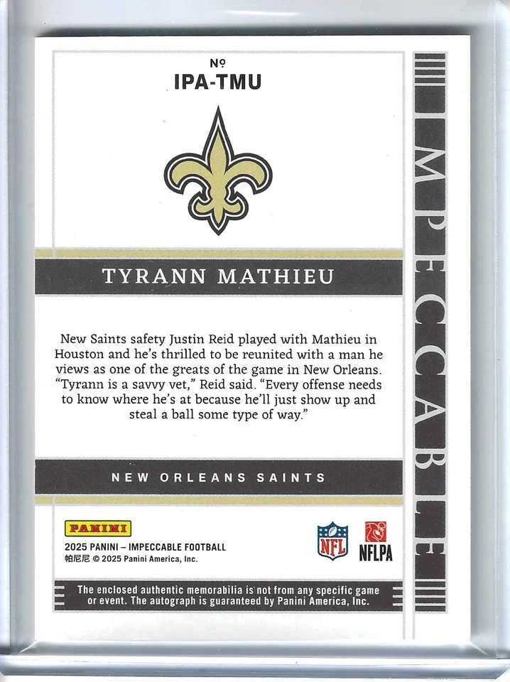 2025 Panini Impeccable Tyrann Mathieu Immense нашивка автографы /99 трехцветный MEM - Изображение 2 из 2