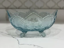 Jeanette Glass Fruit Bowl Light Blue Embossed Flowers Leaves Vintage Candy Dish