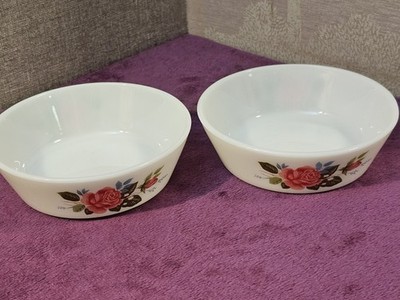 2x Vintage JAJ Pyrex Milchglas Müsli Dessertschalen - Landhaus Rosenmuster
