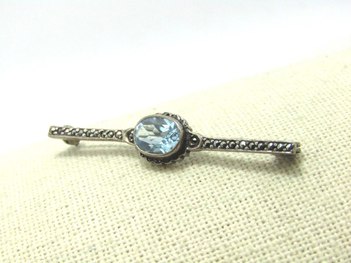 Vintage Sterling Aquamarine Marcasite Brooch, 2