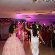 quince/sweet 16 dress, light pink and silver, flower accent, max length