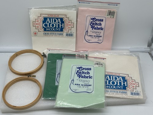 Vintage Embroidery And Cross Stitch Lot Fabric And 4" Hoops 7 Pieces