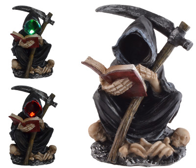 Grim Reaper liest im Totenbuch mit LED-Beleuchtung 12 cm Totenschädel Figur  