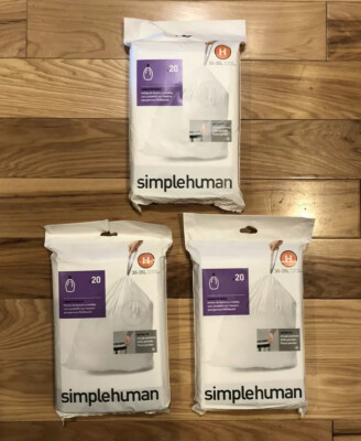 Lot of 3 Code H *WHITE* 20 Ct SIMPLEHUMAN Trash Bags Can Liners Refill